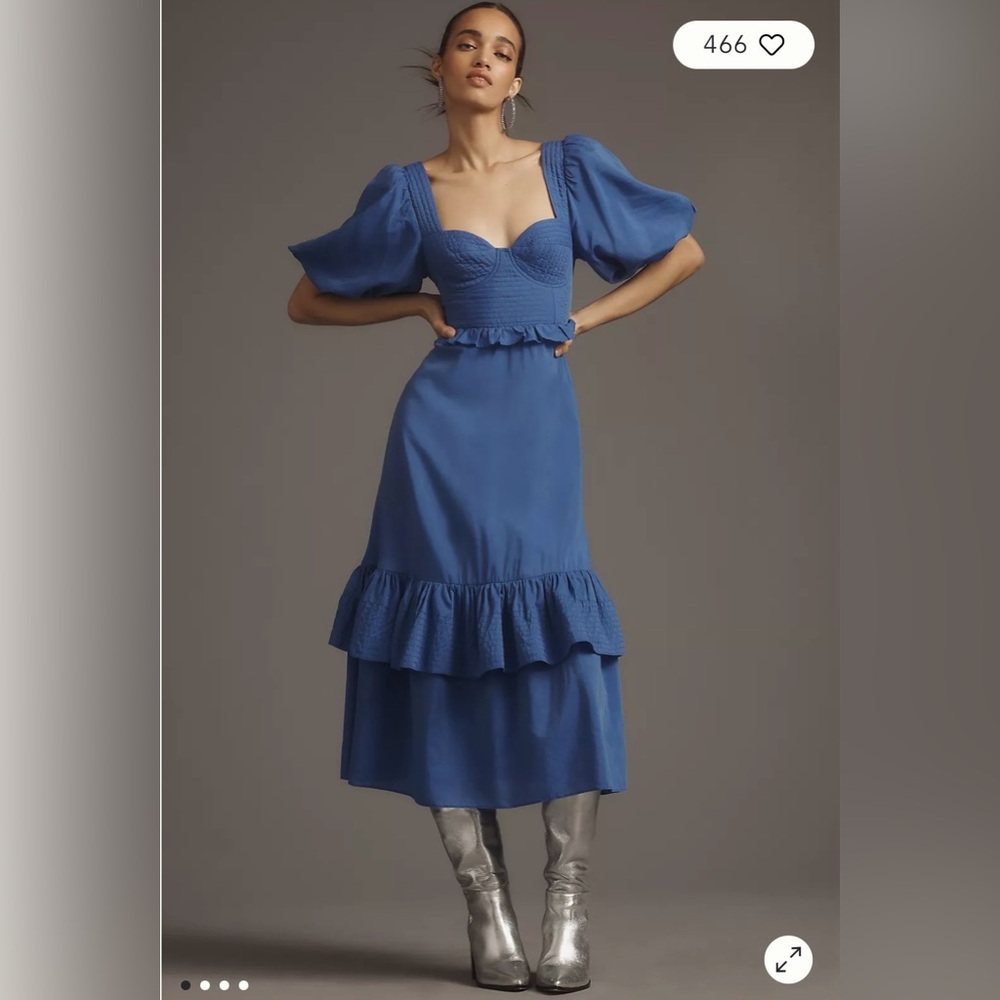 FARM Rio Short Sleeve Sweetheart Midi Dress in Blue Size XS. NWT